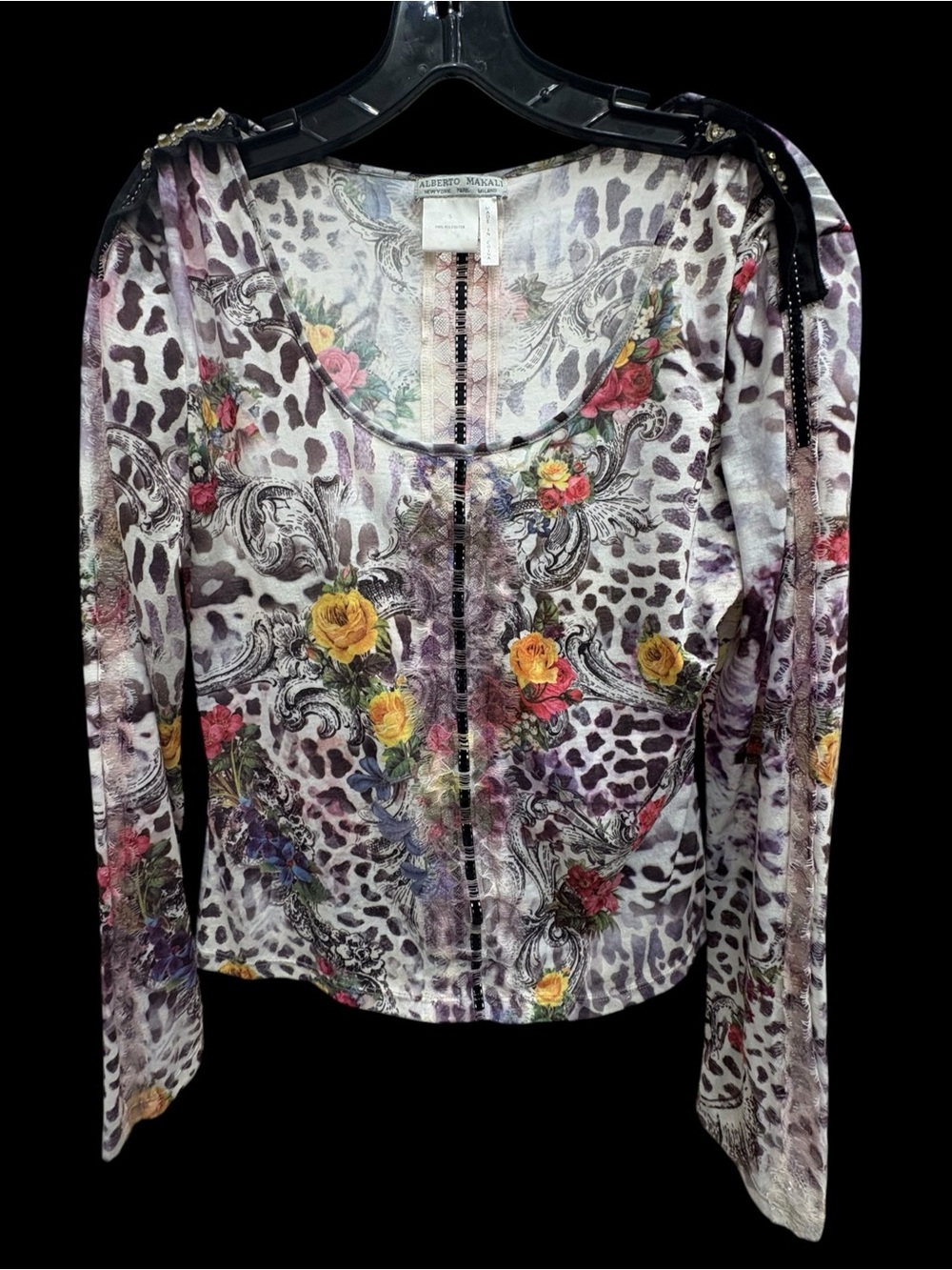 Alberto Makali Leopard Floral Embellished Long Sleeve Top Size S